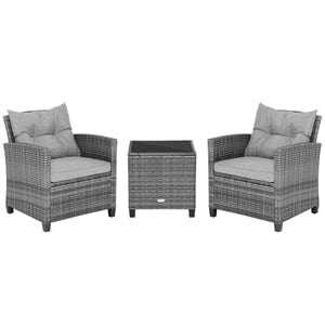3PCS Patio Rattan Furniture Bistro Set Sofas Side Table Armrest Gray