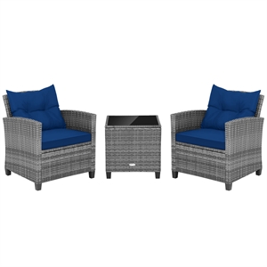 3PCS Patio Rattan Furniture Bistro Set Sofas Side Table Armrest Navy