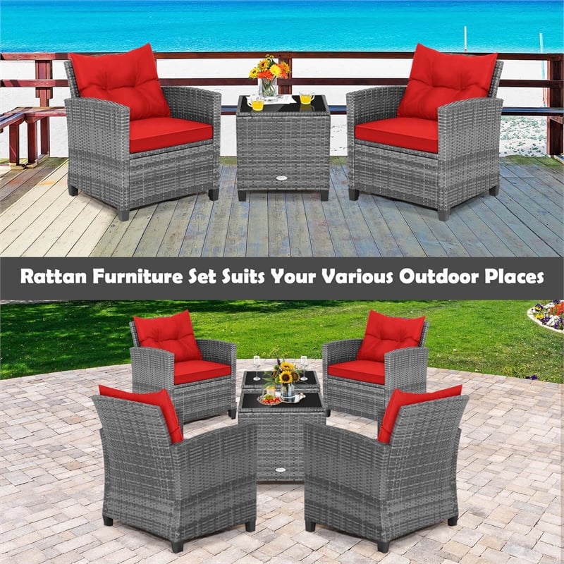 3PCS Patio Rattan Furniture Bistro Set Sofas Side Table Armrest Red