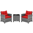 3PCS Patio Rattan Furniture Bistro Set Sofas Side Table Armrest Red