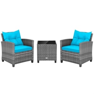3PCS Patio Rattan Furniture Bistro Set Sofas Side Table Armrest Turquoise
