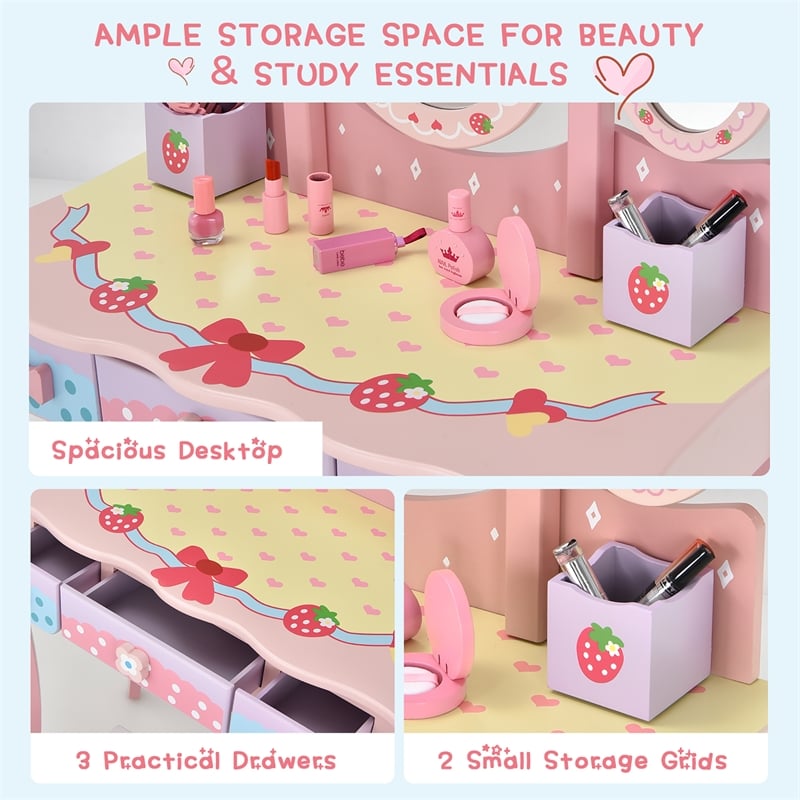 Kids Vanity Princess Makeup Dressing Table Chair Set w/Mirror Pink