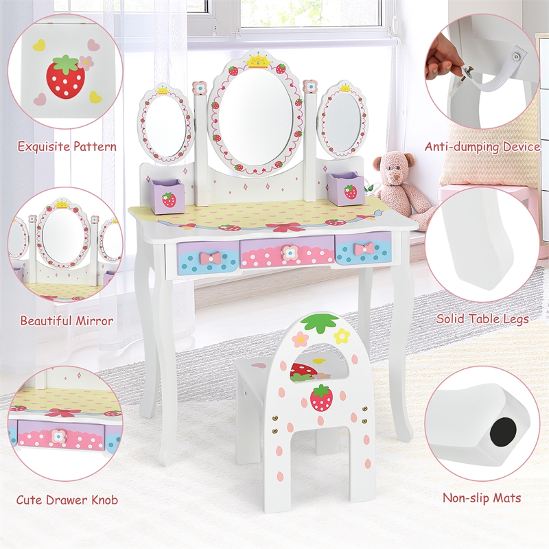 Kids Vanity Princess Makeup Dressing Table Chair Set w/Mirror White