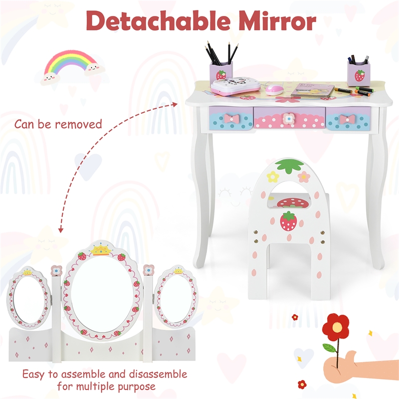 Kids Vanity Princess Makeup Dressing Table Chair Set w/Mirror White