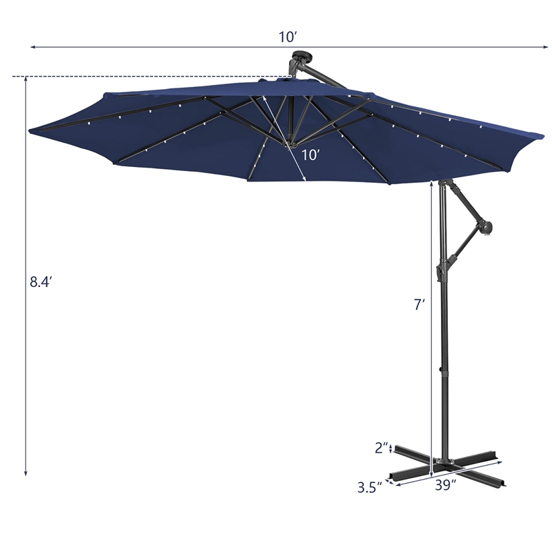 10FT Cantilever Solar Powered 32LED Lighted Patio Offset Umbrella Outdoor Navy