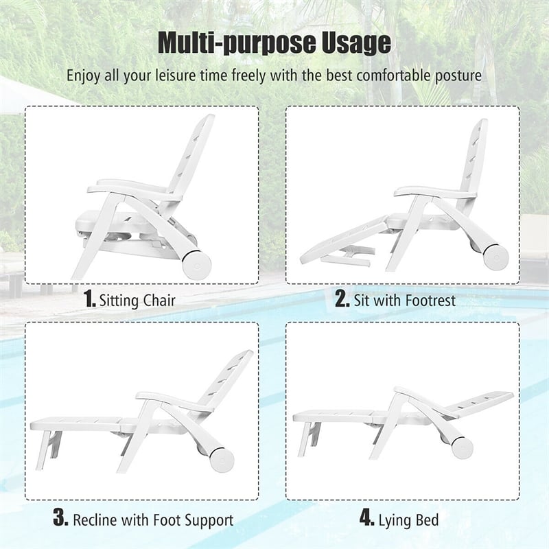 Adjustable Folding Patio Chaise Deck Chair Lounger 5 Position Recliner White