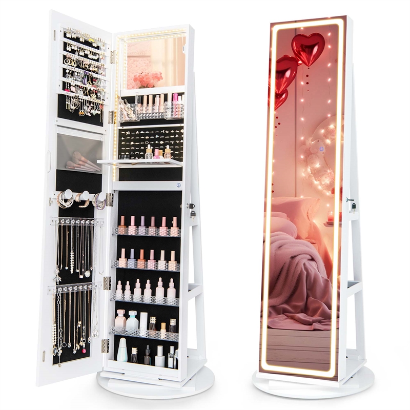 Swivel Jewelry Cabinet Organizer 3 Color LED Mirror w/Built in Lights White
