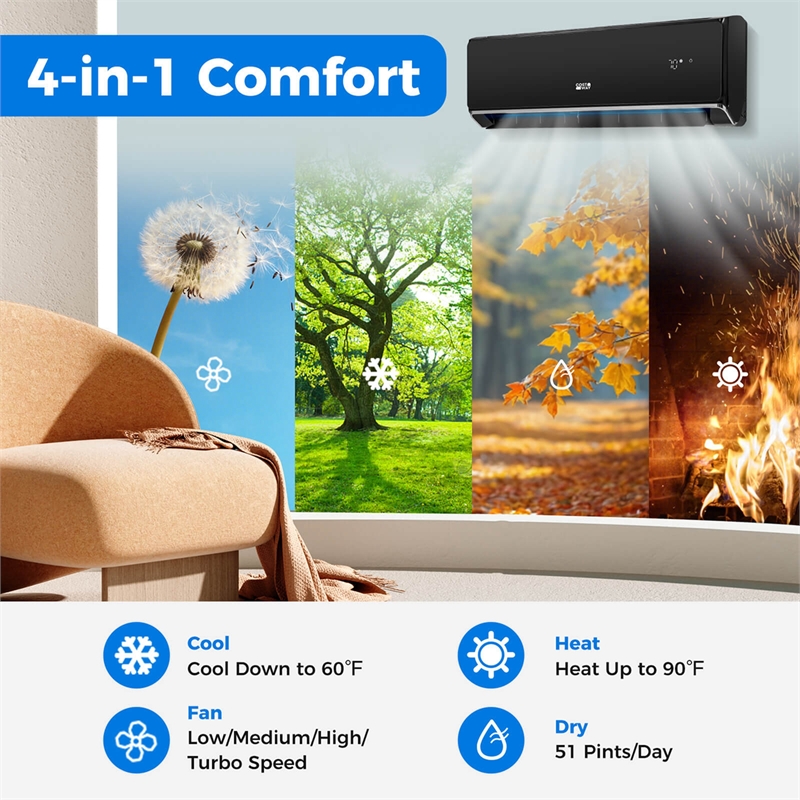 12000 BTU Wifi Enabled Mini Split Air Conditionere Black Metal