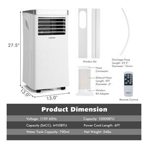 6450 BTU (10000BTU ASHRAE) Portable Air Conditioner Air Cooler