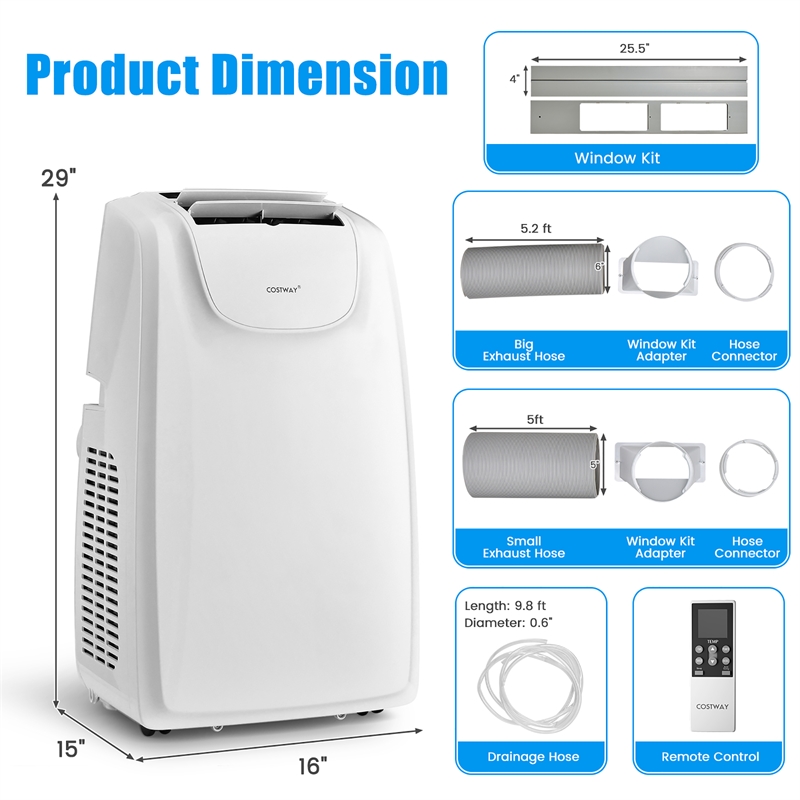 8000 BTU (11500 BTU ASHRAE) Dual Hose Portable Air Conditioner AC Unit