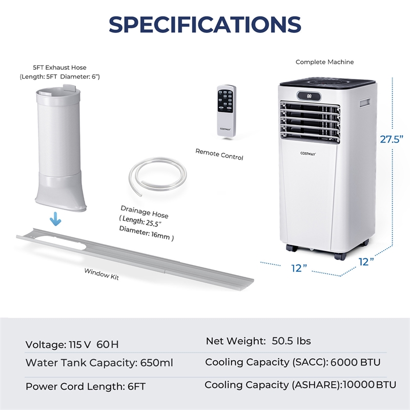 6000 BTU (10000 BTU ASHRAE) Portable Air Conditioner with Remote Control White