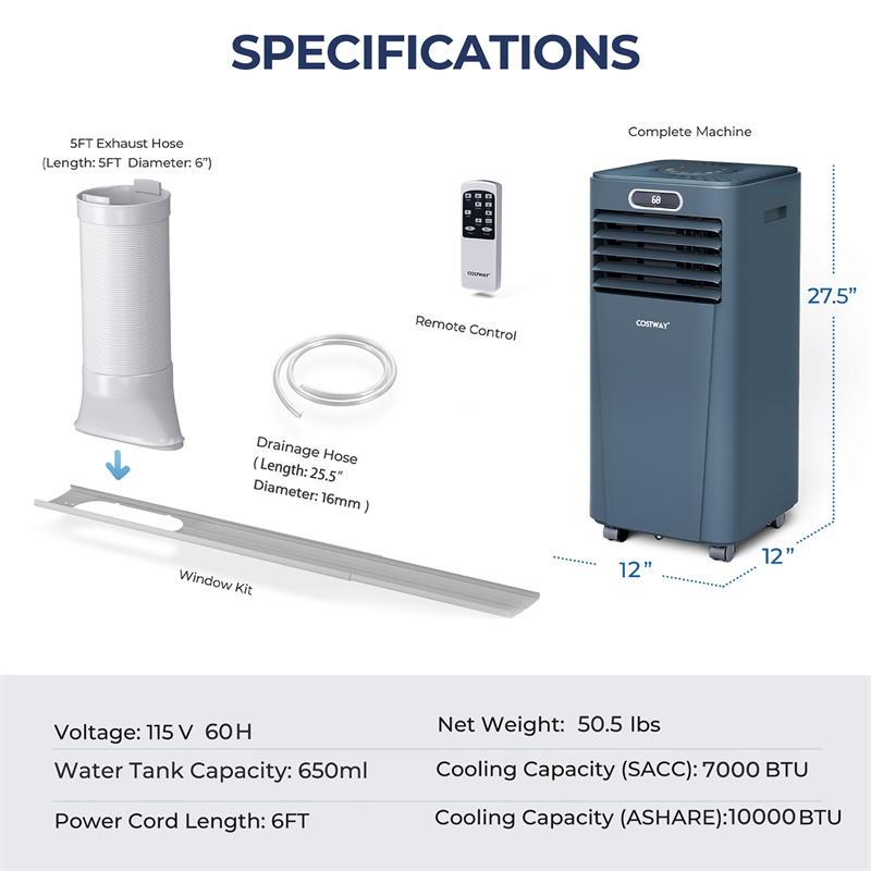 5000 BTU (8000 BTU ASHRAE) Portable Air Conditioner with Remote Control