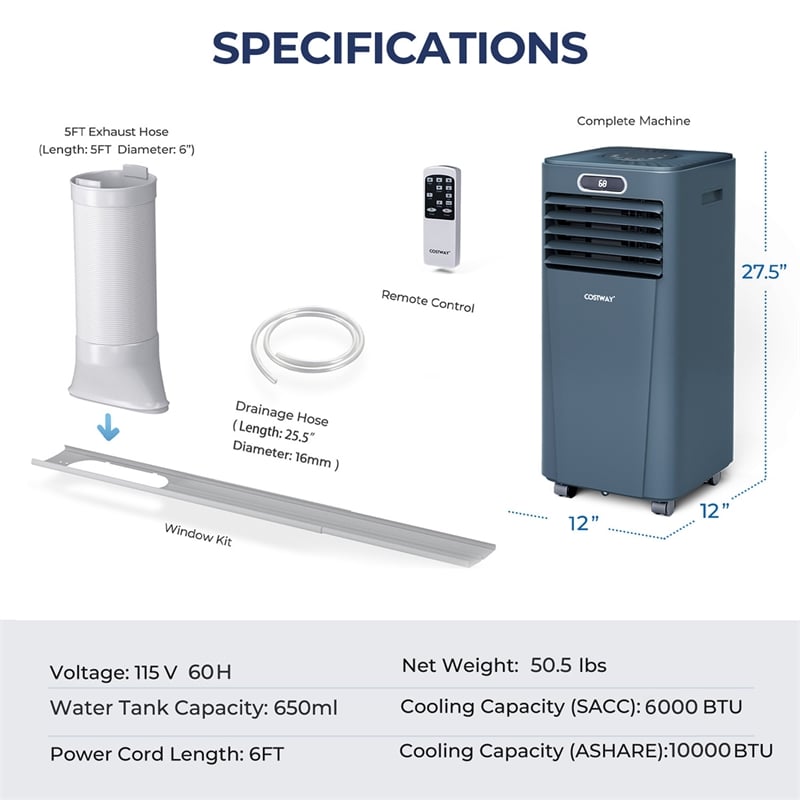 6000 BTU (10000 BTU ASHRAE) Portable Air Conditioner with Remote Control