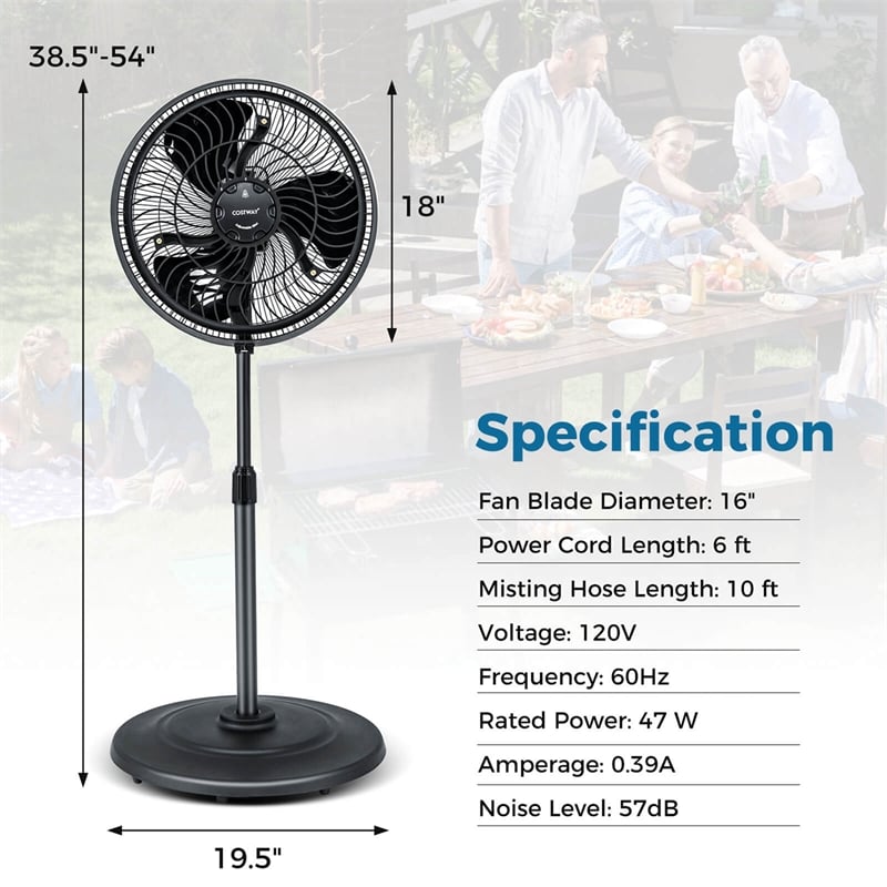 16inch Oscillating Fan Misting Pedestal Fan with Hose Connector Black Black