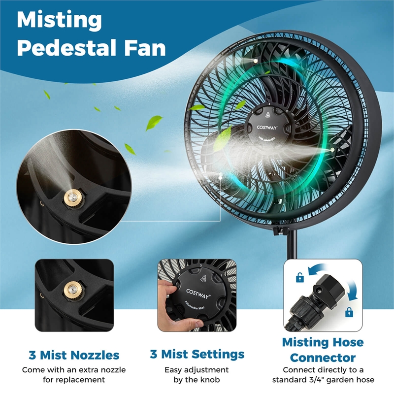 16inch Oscillating Fan Misting Pedestal Fan with Hose Connector Black Black