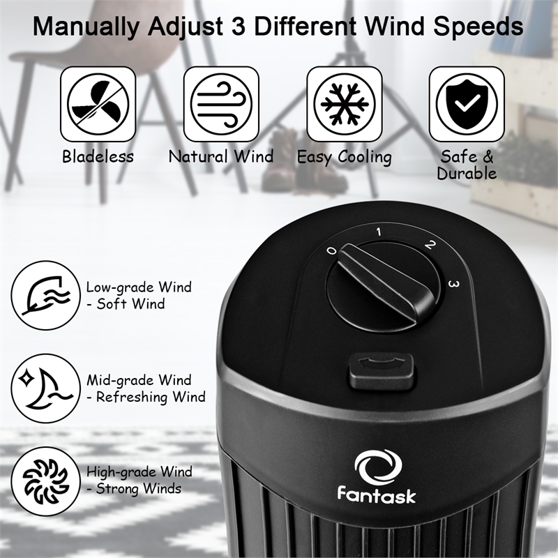 Fantask 35W 28inchOscillating Tower Fan 3 Wind Speed Quiet Black