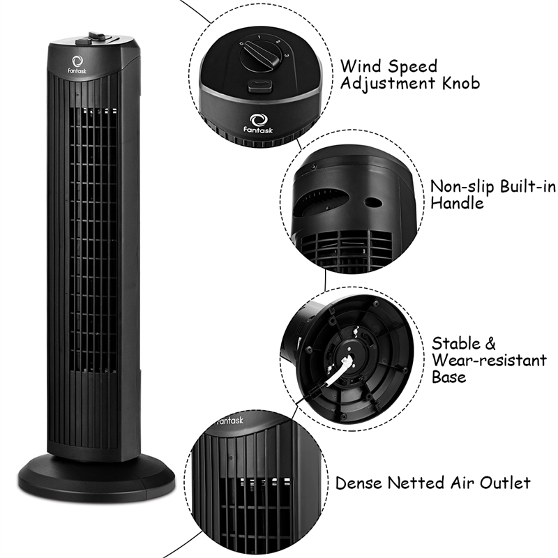 Fantask 35W 28inchOscillating Tower Fan 3 Wind Speed Quiet Black