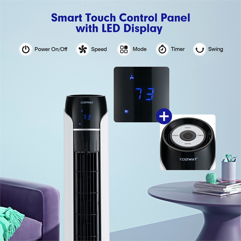 Portable 48inch Tower Fan with Remote and LED Control White