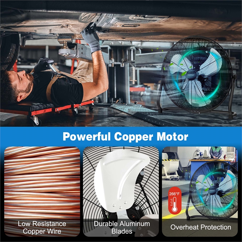 20 Inches High Velocity Floor Fan with 3 Powerful Speeds Black