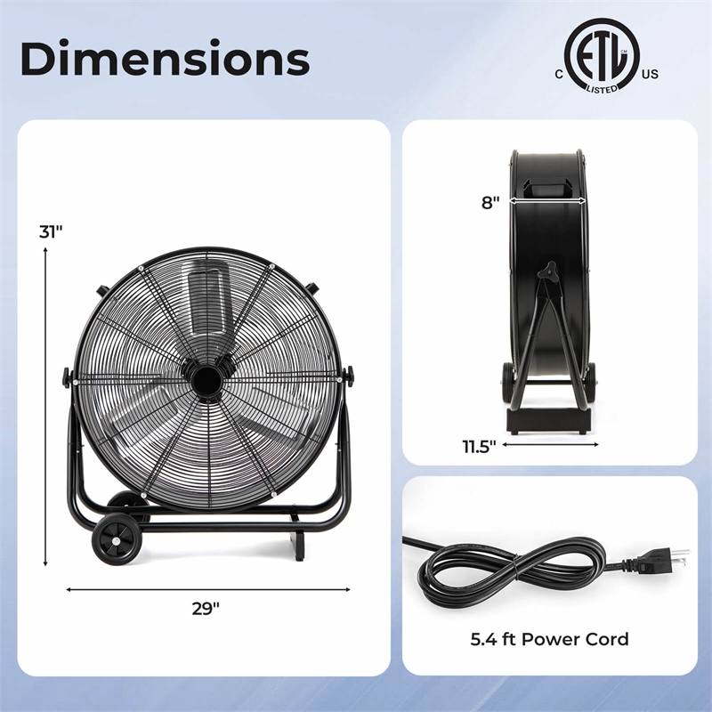 24 Inch Industrial Drum Fan with 3 Speeds Adjustable Tilt and 2 Wheels Black