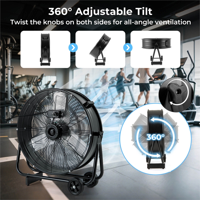 24 Inch Industrial Drum Fan with 3 Speeds Adjustable Tilt and 2 Wheels Black