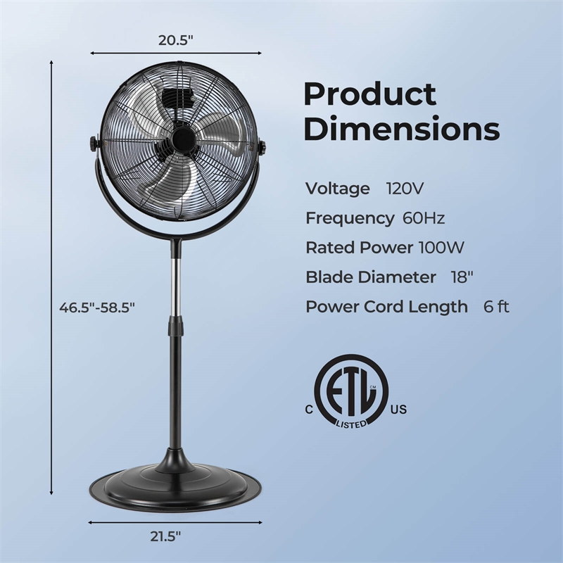 18inch High Velocity Standing Fan with 3 Speeds Tilt and Adjustable Height Black