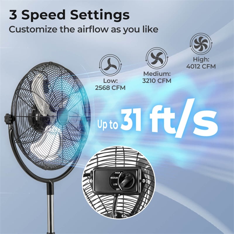 18inch High Velocity Standing Fan with 3 Speeds Tilt and Adjustable Height Black