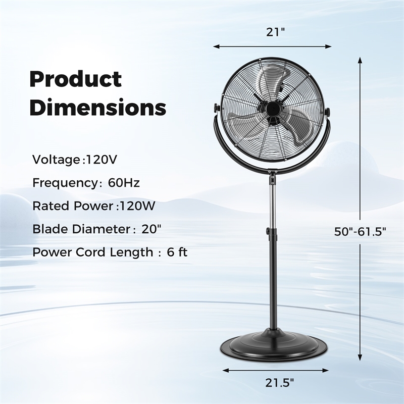 20inch High Velocity Standing Fan with 3 Speeds and Adjustable Height Black