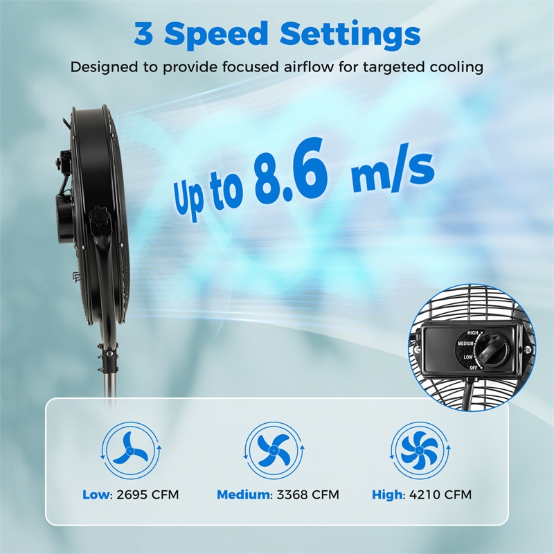 20inch High Velocity Standing Fan with 3 Speeds and Adjustable Height Black