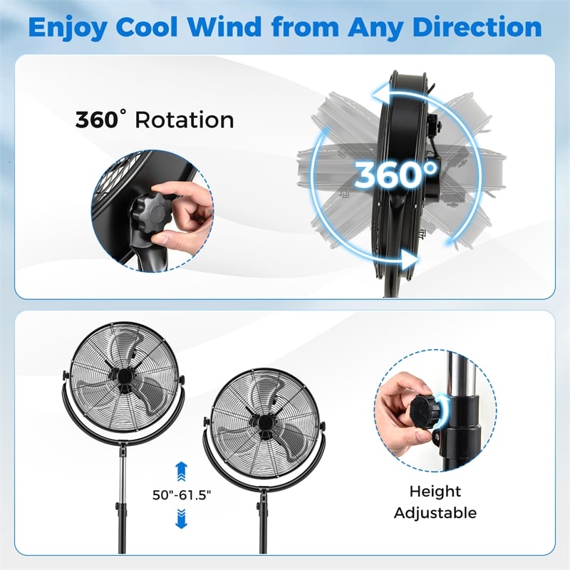 20inch High Velocity Standing Fan with 3 Speeds and Adjustable Height Black
