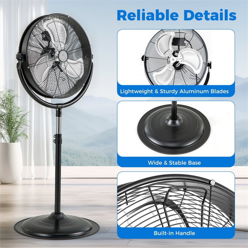 20inch High Velocity Standing Fan with 3 Speeds and Adjustable Height Black
