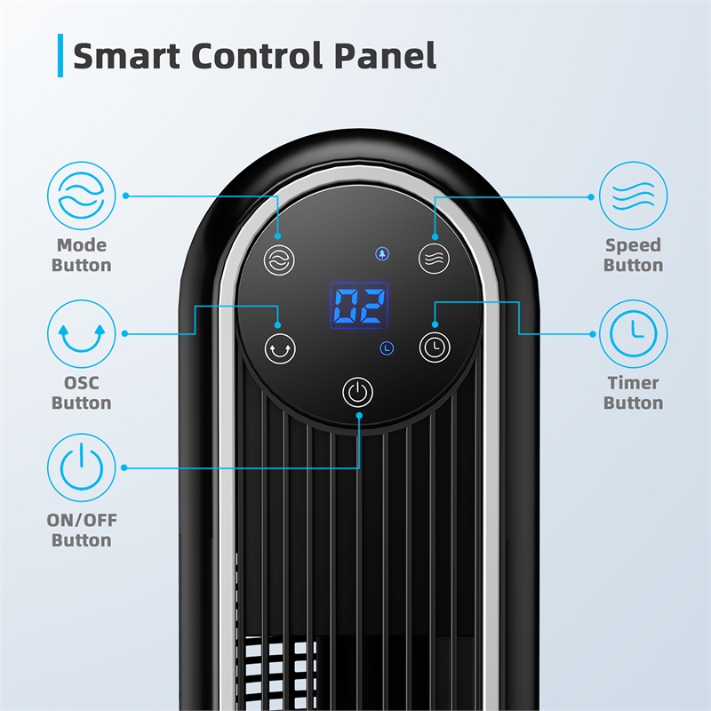 42inch Tower Fan Smart Display Panel 12H Timer Fan Black