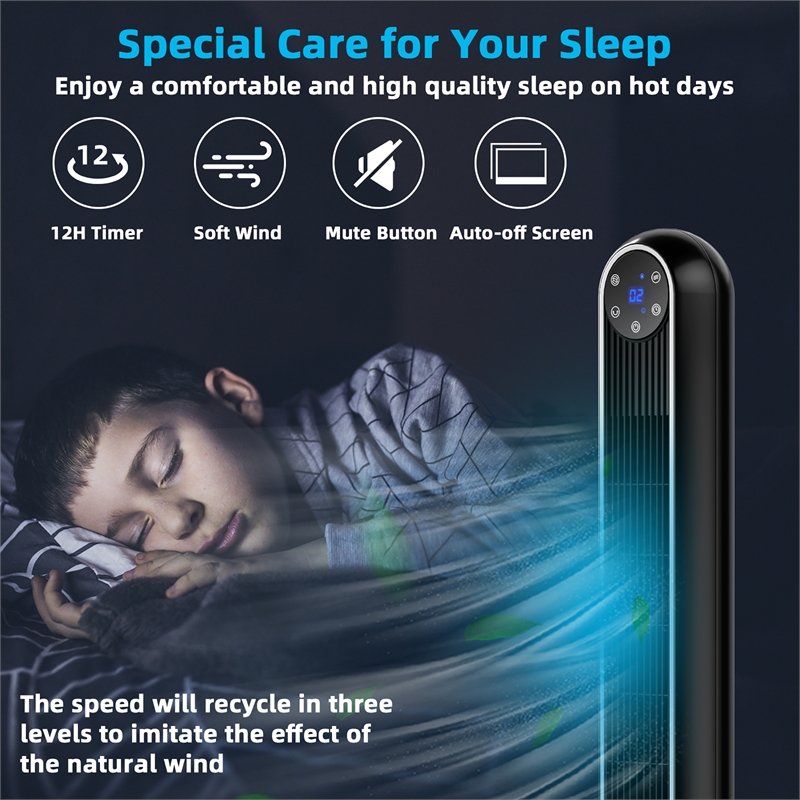 42inch Tower Fan Smart Display Panel 12H Timer Fan Black