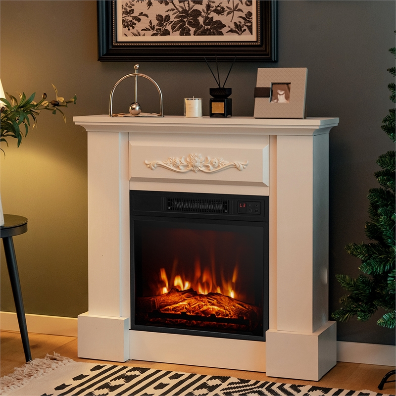 32inch Electric Fireplace Mantel TV Stand Space Heater with 1400W White