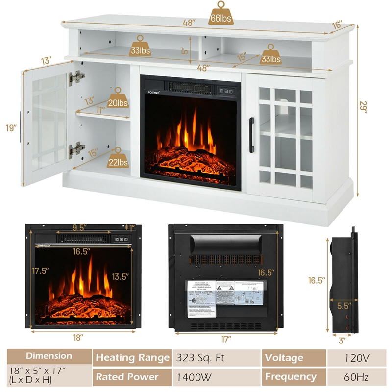 48inch Fireplace TV Stand with 1400W Electric Fireplace White