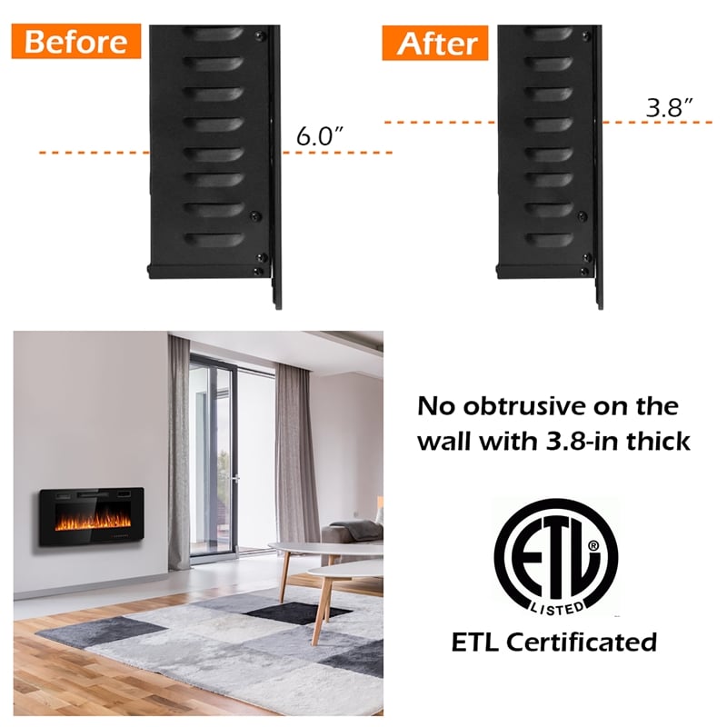 36inch Electric Fireplace Thin Wall Mounted Heater with Multicolor Flame Black