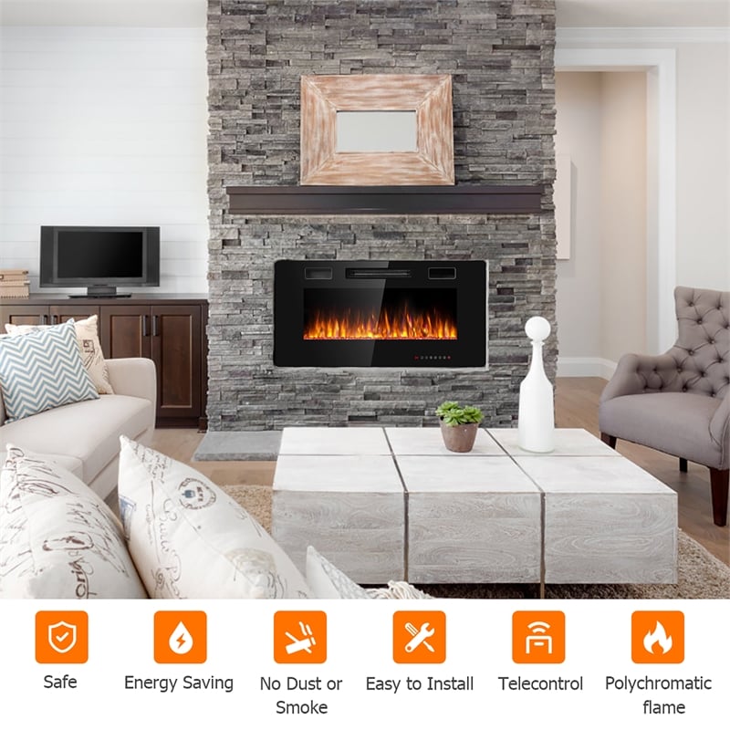36inch Electric Fireplace Thin Wall Mounted Heater with Multicolor Flame Black