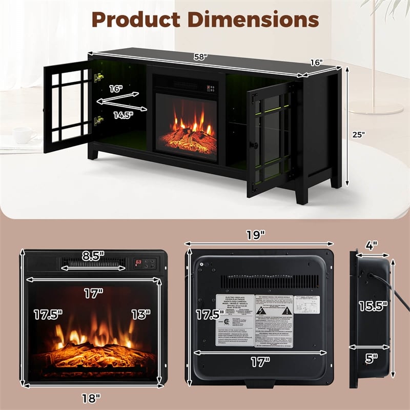 58inch Fireplace TV Stand 18inch Electric Fireplace Remote Controls Black