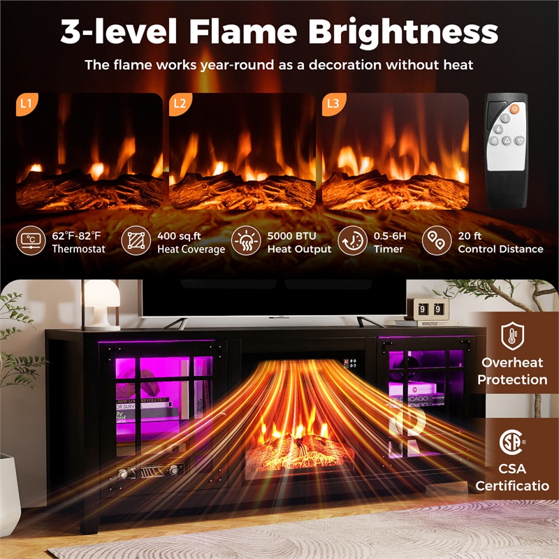 58inch Fireplace TV Stand 18inch Electric Fireplace Remote Controls Black