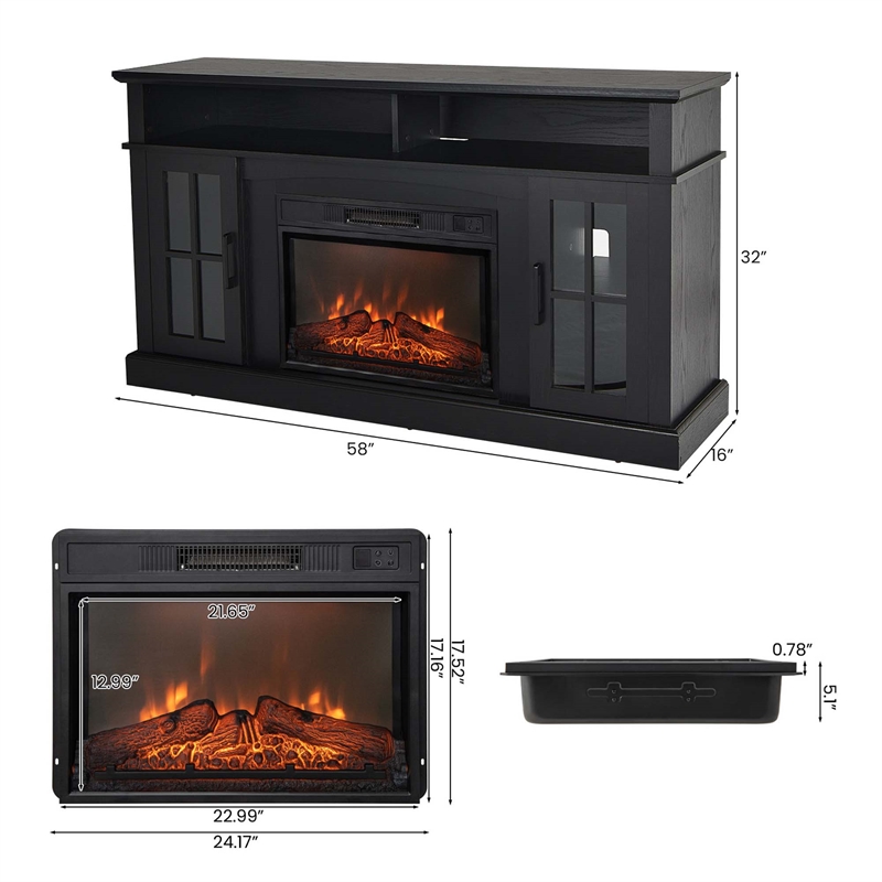 58inch Fireplace TV Stand with 1400W Electric Fireplace Black
