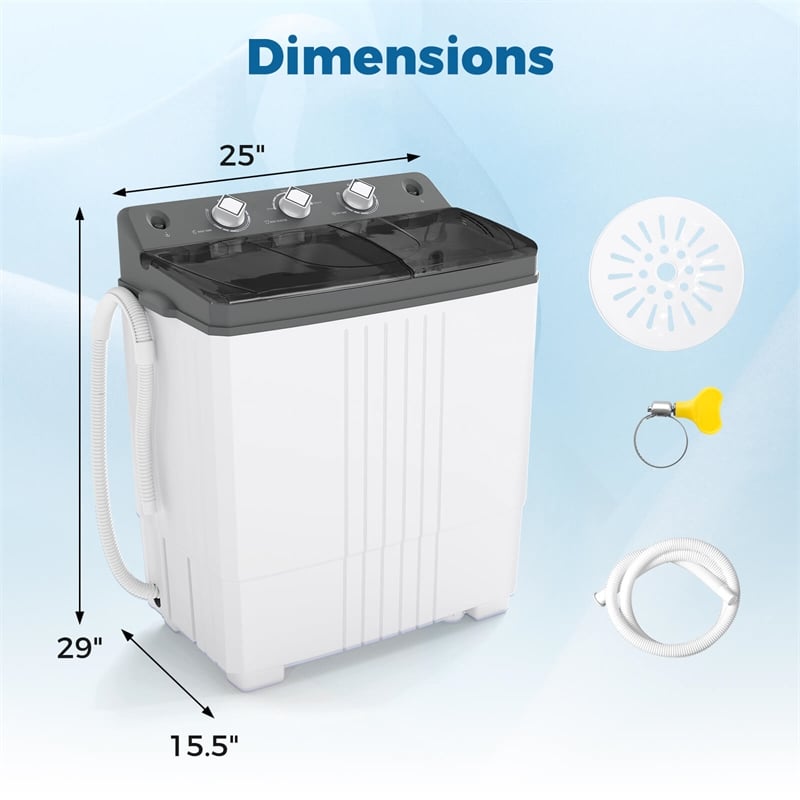 Twin Tub Portable Washing Machine with Drain Pump Timer Control Dorm Gray