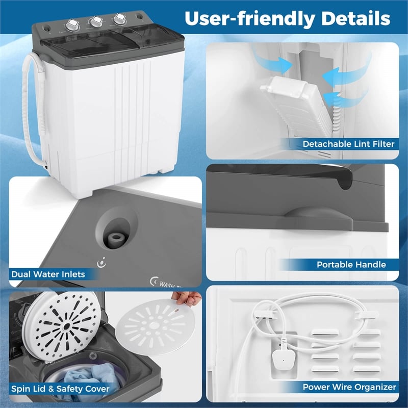 Twin Tub Portable Washing Machine with Drain Pump Timer Control Dorm Gray