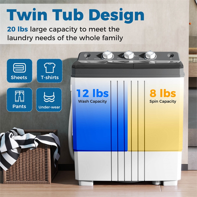 Twin Tub Portable Washing Machine with Drain Pump Timer Control Dorm Gray