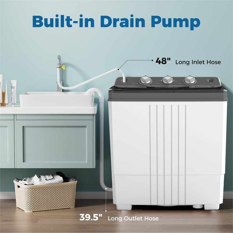Twin Tub Portable Washing Machine with Drain Pump Timer Control Dorm Gray