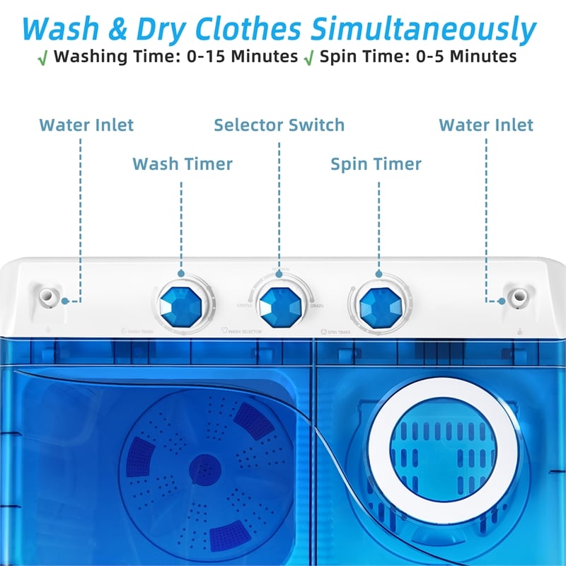 26 lbs Portable Semi automatic Twin Tub Washing Machine with Drain Pump Blue