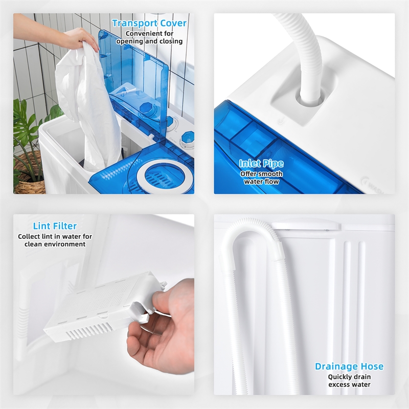 26 lbs Portable Semi automatic Twin Tub Washing Machine with Drain Pump Blue