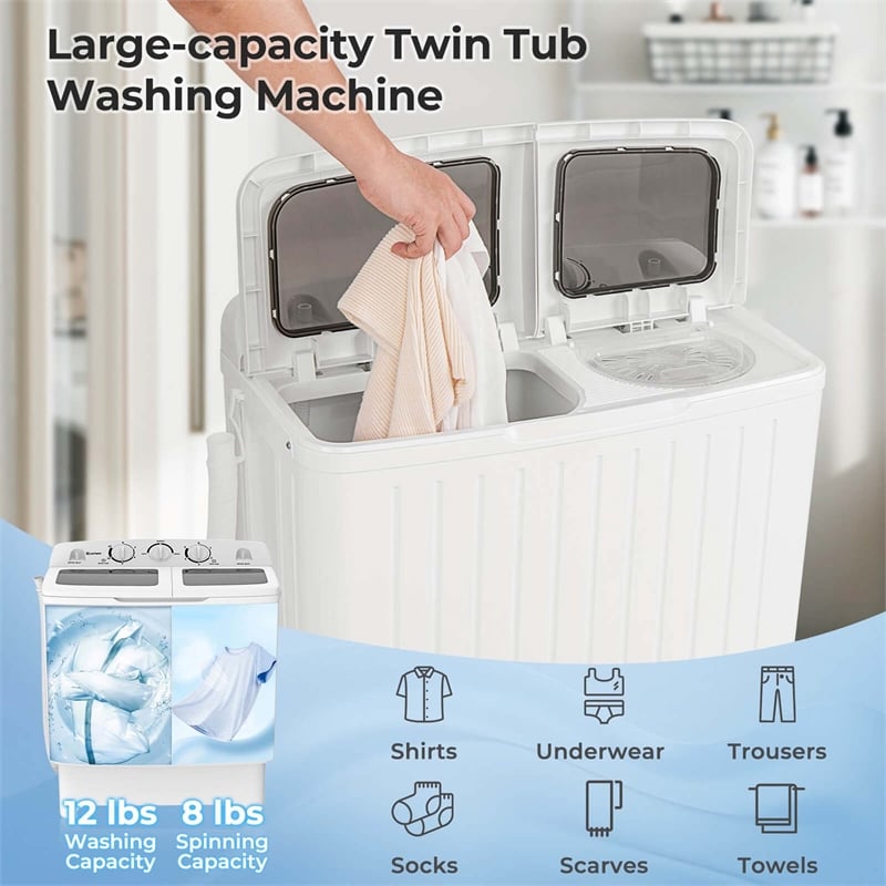 Portable Washing Machine Twin Tub Laundry Washer with 20 lbs Capacity White