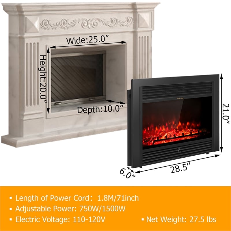 28.5inch Fireplace Electric Embedded Insert Heater Glass Black