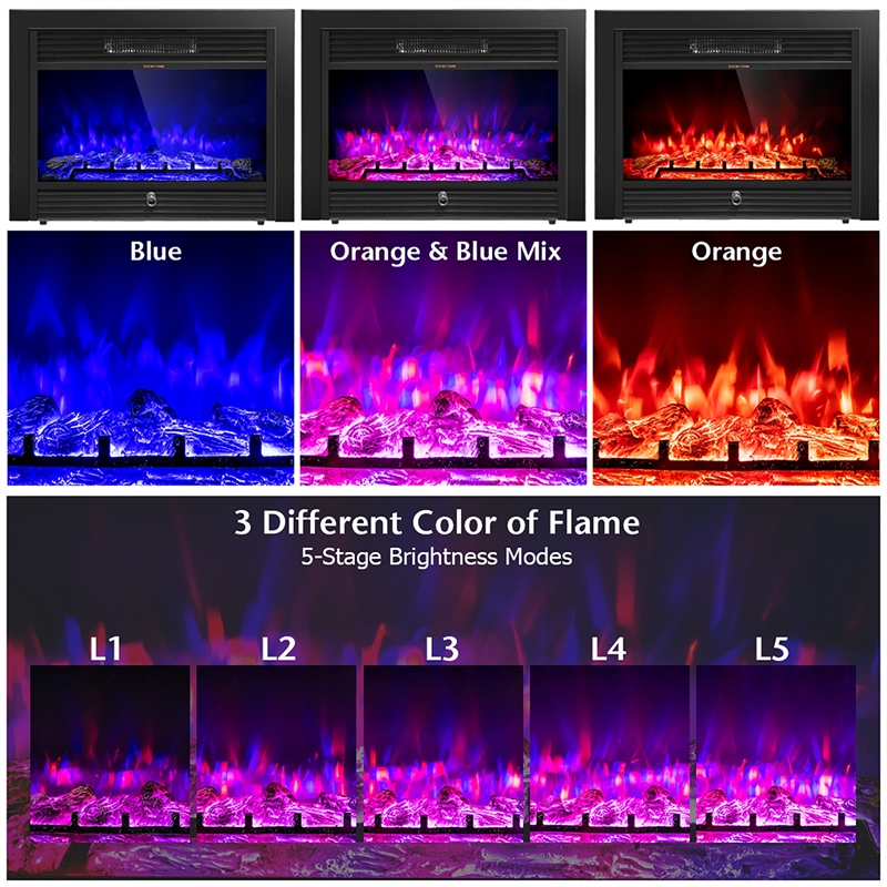 28.5inch Fireplace Electric Embedded Insert Heater Glass Black