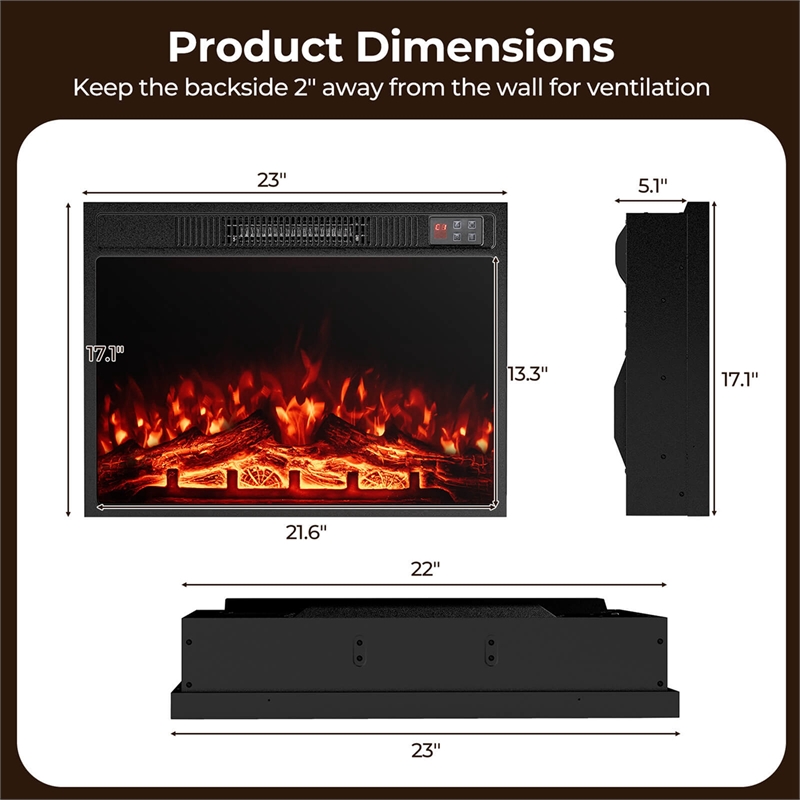 23inch Electric Fireplace Insert Adjustable Flame Color Brightness Black